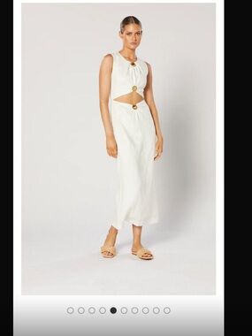 $300 Elegant White Midi Cutout Linen  Dress with Gold Rings fully lined sz 6